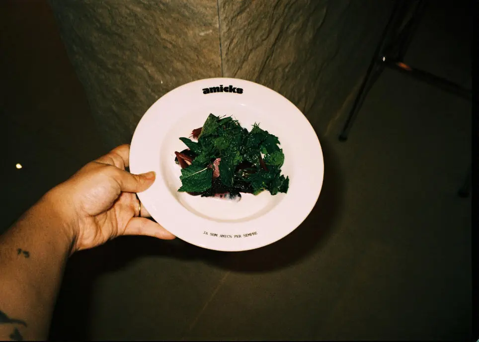 Un plat de verdura amb el logo d’Amicks, a la mà
