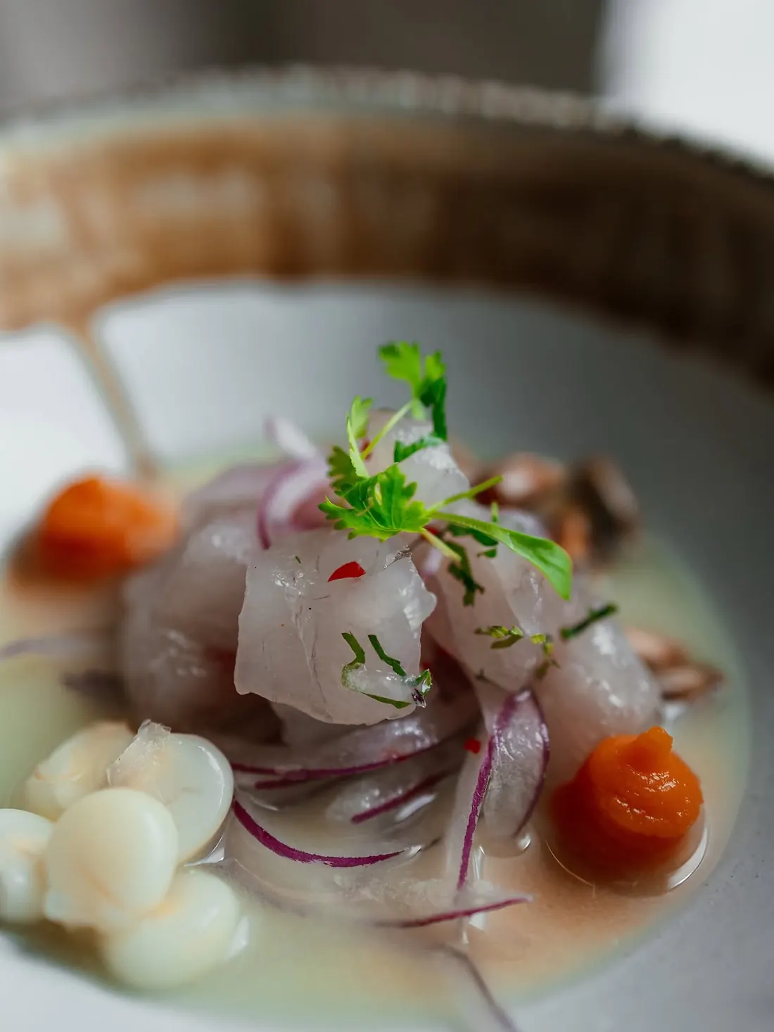 Ceviche de pescado blanco con cebolla morada, choclo y boniato