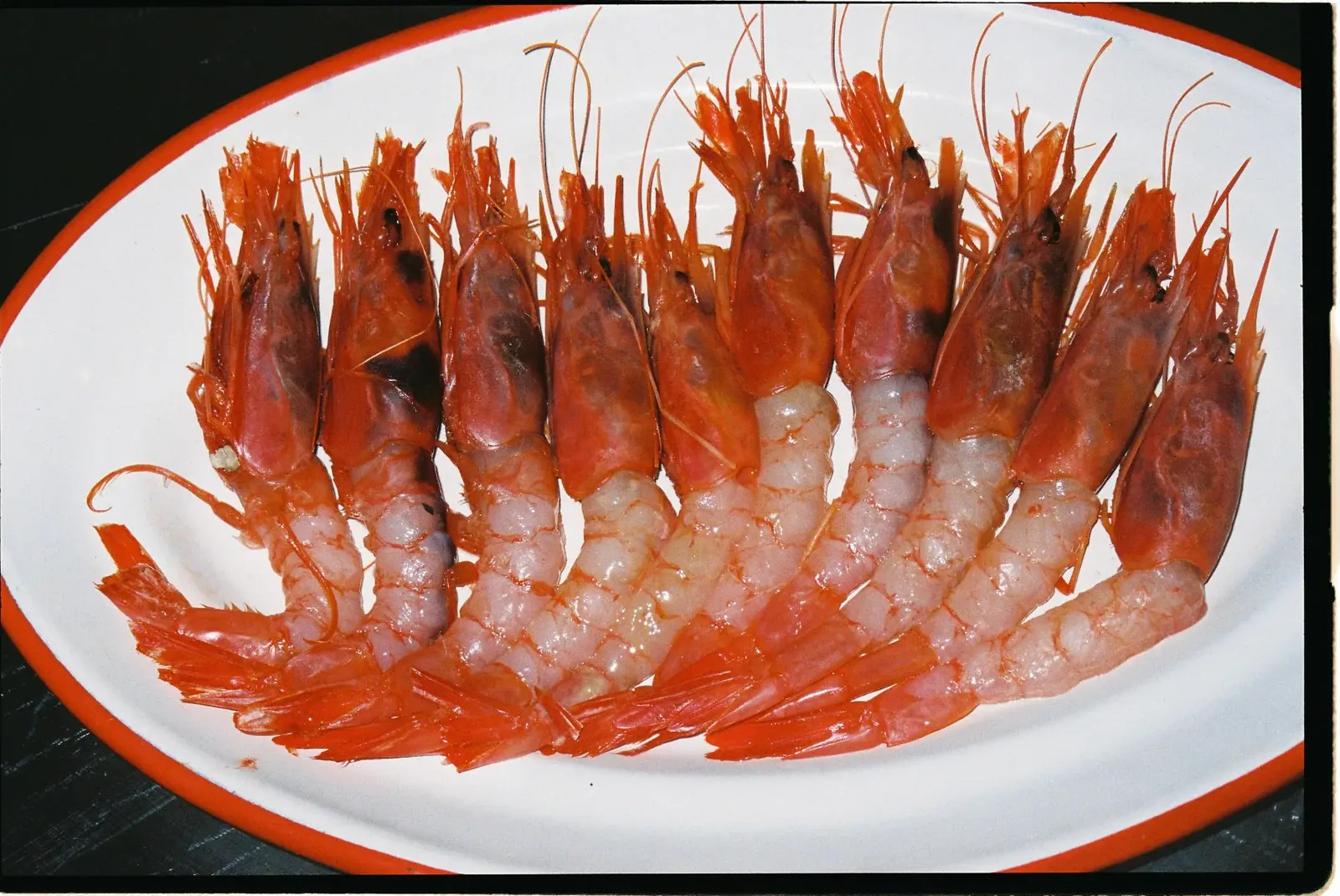 Gambas rojas en fila sobre una fuente blanca